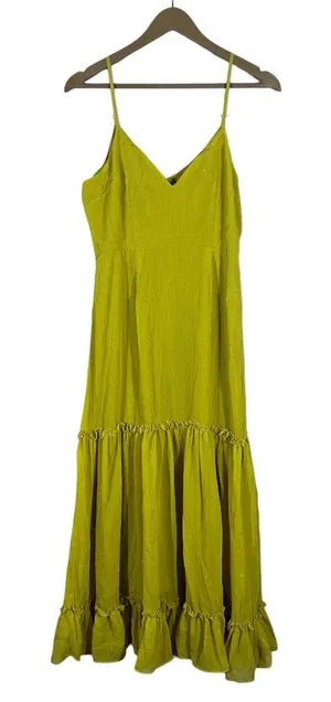 RAGA Tiered Metallic Clip Dot Maxi Dress Chartreuse Boho Ruffle Size L thumbnail 1