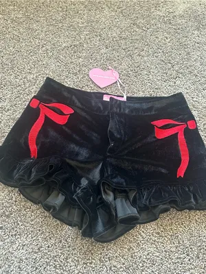 Sugar Thrillz Black Velvet Ruffle Shorts with Red Bow Accents thumbnail 2