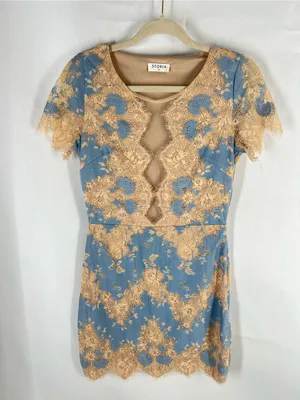 Storia Blue & Beige Floral Lace Illusion Mini Dress Size M thumbnail 2
