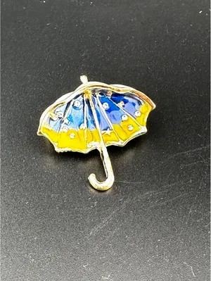 Umbrella Shaped Brooch with White, Blue, and Yellow Enamel thumbnail 2