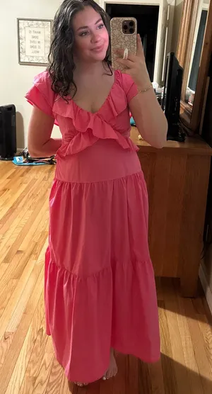 Carole Christian Ruffled Open Back Maxi Dress in Hot Pink thumbnail 1