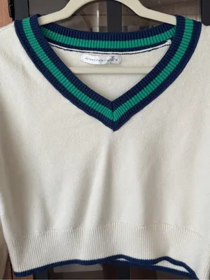 Altar’d state varsity cropped sweater vneck kelly green striped navy knit ribbed thumbnail 2