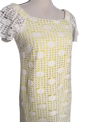 Emma & Michele White Crochet Yellow Underlay Flutter Sleeve Dress Size M thumbnail 5