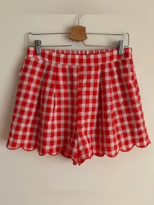 NWT Entro Red Gingham Plaid Scallop Hem Shorts High Rise Pleated Large L thumbnail 7