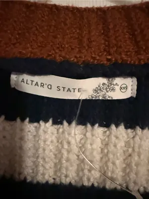 Altar’d State Cropped Striped V-Neck Button Cardigan - Navy, Cream & Brown thumbnail 3