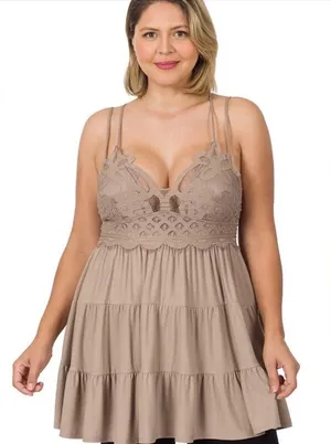 Zenana Outfitters PLUS Tan Crocheted Lace Cami Crisscross Straps Top size 2X thumbnail 1