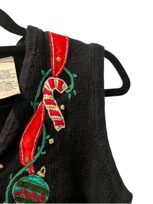 VTG Kathie Lee Christmas Ornament Sweater Vest Black Knit Candy Cane Holly Med thumbnail 4