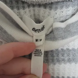 Aerie Gray Striped Long Sleeve Waffle Knit Turtleneck Pullover Crop Top Medium thumbnail 7