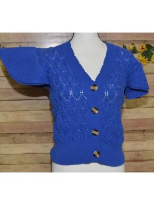ANOTHER LOVE Size L Pointelle MIRA Flutter Sleeve Cardigan Sweater Cobalt Blue thumbnail 6