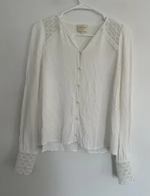 EUC Sézane Clém Sz38 White Long Sleeve Ecru Shirt Lace Details Textured Business thumbnail 1