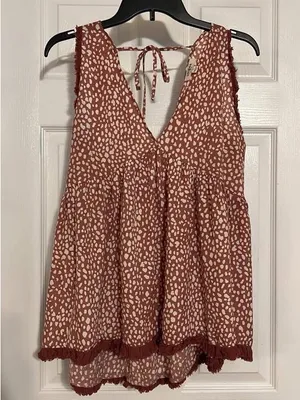 Umgee Rust and Cream V-Neck Spot-Print Babydoll Tank thumbnail 2