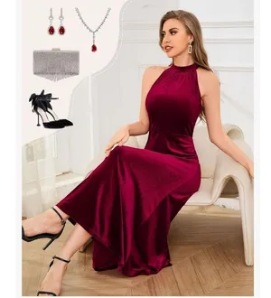 NEW Wine Red Halter Velvet Maxi Cocktail Formal Prom Bridesmaid Dress 2X thumbnail 5