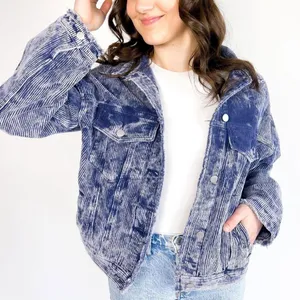 POL Women’s Corduroy Denim Button Down Trucker Jacket in Vintage Wash Blue M thumbnail 1