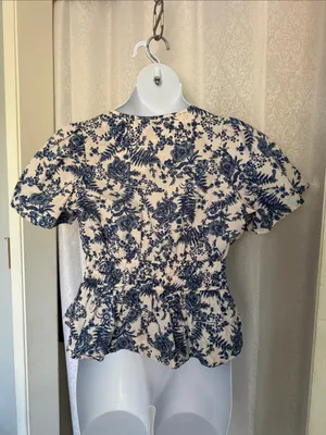 Anthropologie White Blouse with Blue Floral Print and Smocked Waist Sz: L thumbnail 2