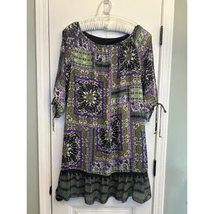 Women’s XL Purple Olive Patchwork Print Tunic Dress Ruffle Hem Tie Sleeves Boho thumbnail 13
