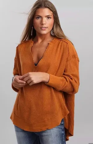 We The Free Womens Brown Ribbed Knit V-Neck Dolman Sleeve waffle Sweater Size L thumbnail 1