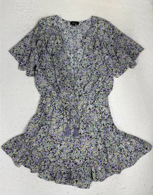 Gigio USA Womens Purple Floral Surplice Ruffle Romper Short Sleeve Tassel Size M thumbnail 1