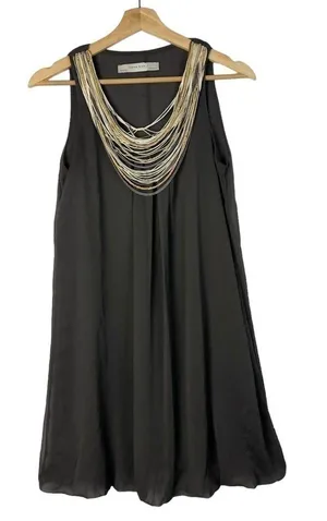 Zara‎ Charcoal Gray Y2K Beaded Scoop Neck Bubble Hem Mini Dress S thumbnail 1