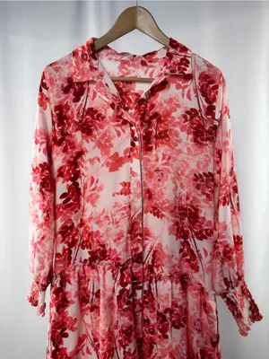 Udel New York Floral Long Sleeve Tiered‎ Maxi Shirt Dress in White Red thumbnail 2