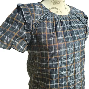 LOFT -289 Plaid Short‎ Sleeve Ruffle Shimmer Blouse Top Black Tan White Small thumbnail 10