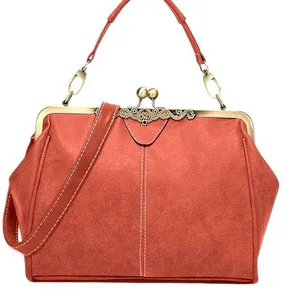 Elegant dark caramel colored leather kiss lock Handbag! New thumbnail 1