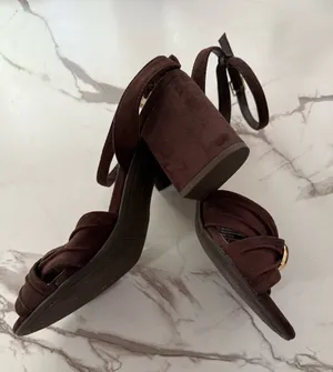 Women’s Dark Brown Faux Suede Block Heel Sandals – Ruched Toe Strap Ankle Buckle Heels thumbnail 1