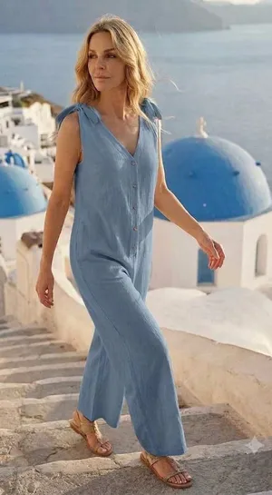 Emerson Fry India Collection Tie Shoulder Jumpsuit in Blue thumbnail 1