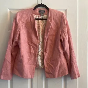 Nouveaux Textured Boucle Blazer Womens Size 12 Pink Open Front Jacket Fem thumbnail 1