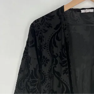 Maurices Black Sheer Floral Burnout Velvet Chiffon Lace Trim Open Front Cardigan thumbnail 2