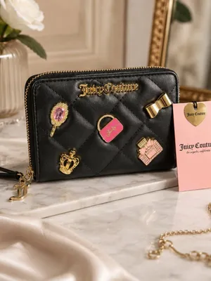 Juicy Couture Black Quilted Zip Wallet Gold Logo Charm Wristlet Y2K thumbnail 2