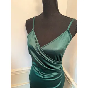 Emerald Green Satin Surplice Midi Dress with Slit Jewel Tone Wedding Guest thumbnail 2