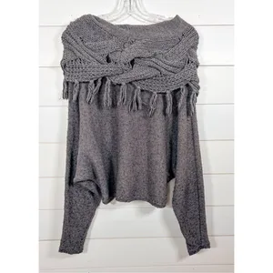 BCBGMaxAzria Women's Fringe Cable Cowl Pullover Sweater Heather Gray Size XS thumbnail 9