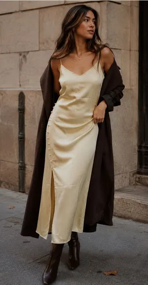 H&M Cream Satin Slip Midi Dress with Side Button Slit and V-Neck thumbnail 1