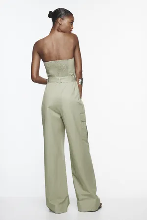 ZARA jumpsuit technical fabric cargo sleeveless wide streight leg light khaki thumbnail 8