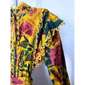 Farm Rio Mini Dress Yellow Floral Ruffle Pom Pom Trim Mock Neck Belted thumbnail 7