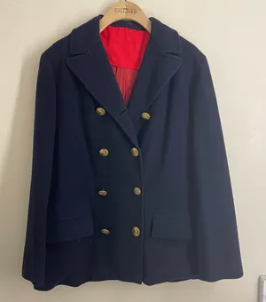 Vintage Navy Wool Pea Coat Red Lining Brass Stag Buttons Double Breasted thumbnail 1