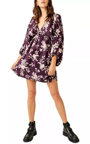 Free People Portia Printed V-Neck 3/4 Sleeve Linen Casual Everyday Mini Dress L thumbnail 1