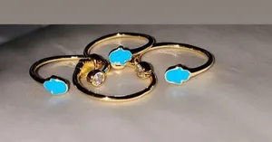 Handmade New Gold Plated Turquoise Hamsa Adjustable Open Ring thumbnail 1