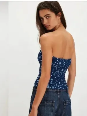 NWOT Free People Scottie Printed Cropped Shirred Mesh Navy Tube Top Smocked thumbnail 3