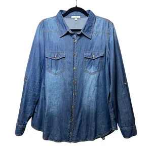 Bottlette Denim Shirt Roll Tab Long Sleeve Button Up Western‎ 1XL thumbnail 1