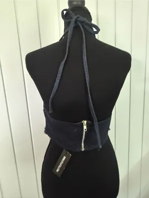 PrettyLittleThing Navy Blue Halter Top with Brown Fringe thumbnail 3