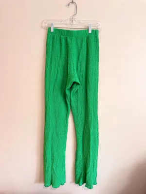 Zara Bright Green Stretch Textured High Rise Pull On Flare Pants Size Small thumbnail 4