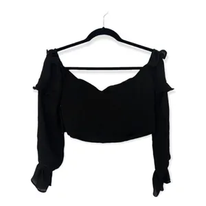 Tiger Mist Black Ruffle Long Sleeve Cropped Blouse Size L Off Shoulder Top thumbnail 3