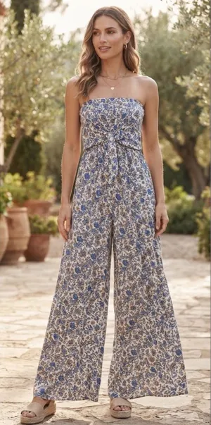 Patrons of Peace | Women's Blue Paisley Smocked Strapless Wide‎ Leg Jumpsuit, XS thumbnail 1