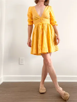 For Love & Lemons Yellow Eyelet V-Neck Mini Dress thumbnail 2