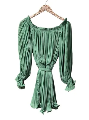 NEW Baltic Born Aubrey Off the Shoulder Pleated Mini Dress Green Large L NWT thumbnail 6