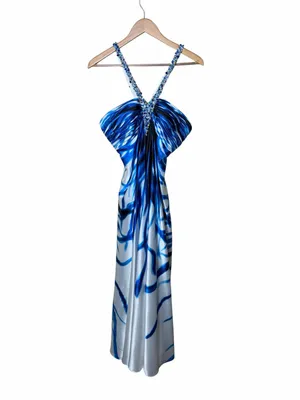 Cache Y2K Rhinestone Halter Blue Abstract Maxi Homecoming/ Prom Dress Size 10 thumbnail 7
