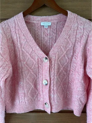 Topshop Wool Blend Cable Knit Crop Button Front Cardigan Pink Women’s XS thumbnail 5