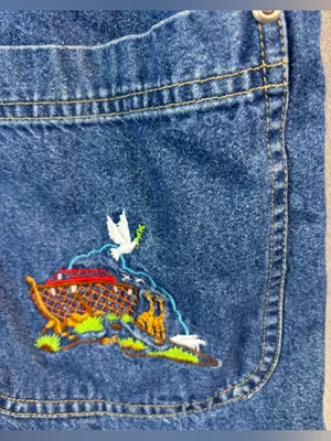 True Blue M Cottagecore Noah’s Arc Embroidered Overalls Denim Jumper Dress thumbnail 4