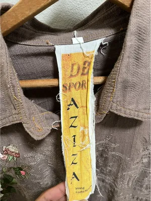 Y2K De Sport Aziza Brown Button Up Shirt Boho Embroidered M thumbnail 2